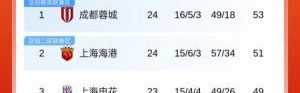 最新积分榜：蓉城53分，海港51分，国安48分