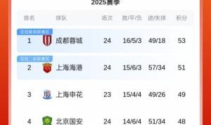 最新积分榜：蓉城53分，海港51分，国安48分